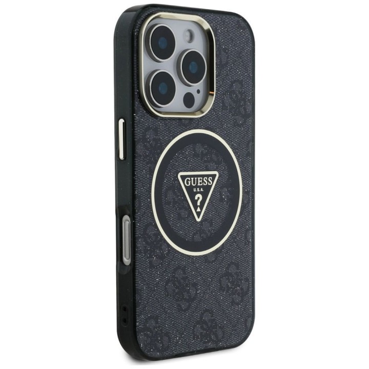 GUESS чехол для IPHONE 16 Pro совместимый с MagSafe GUHMP16LHG4PRTGK (IML Metal Glitter 4G Circle Triangle) черный