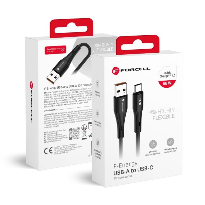Кабель USB-A – USB-C Forcell F-Energy QC4.0 3A 66W Silicone 1 m C342 чорний