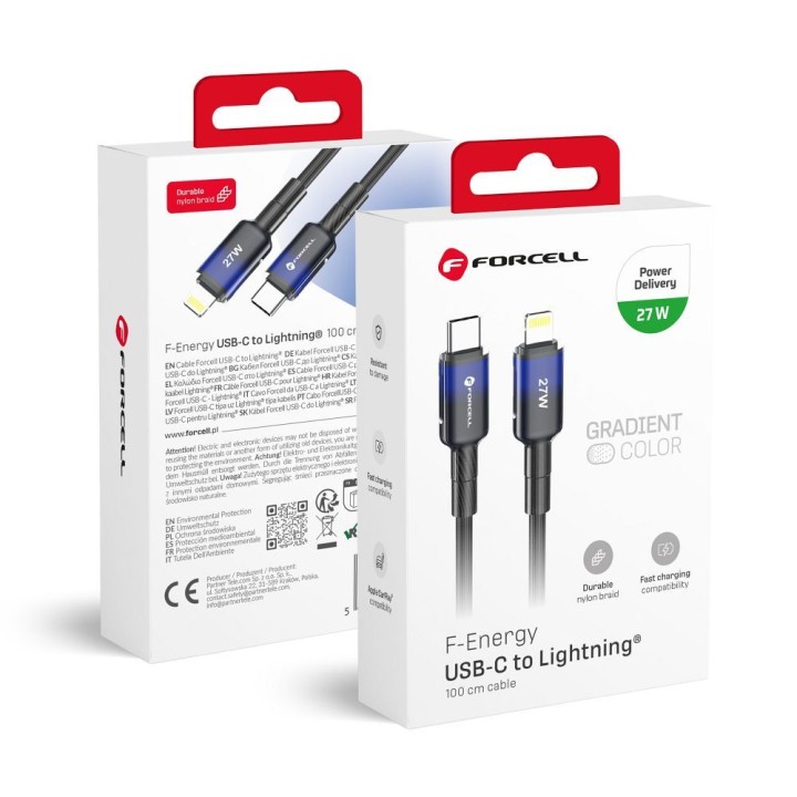 Кабель USB-C – Lightning Forcell F-Energy PD 3A 27W Gradient 1 m C356 чорний