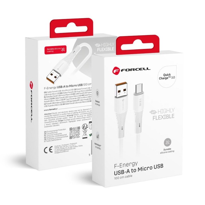 Cable USB A for Micro USB Forcell F-Energy QC3.0 2,4A 18W Silicone 1 m C341 white