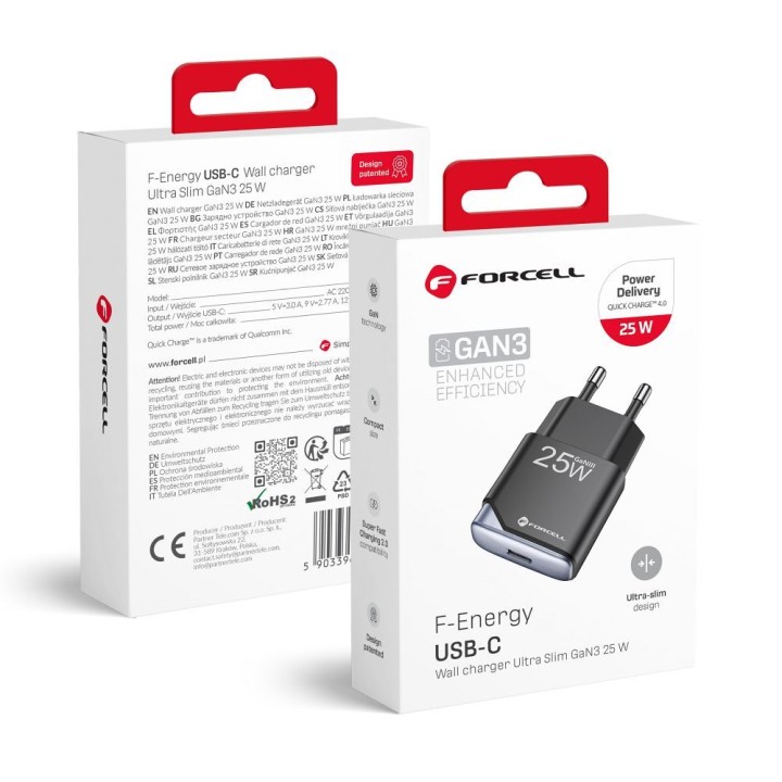 Wall charger for phone Forcell F-Energy Ultra Slim GaN III USB C PD QC4.0 3A 25W B125101-E black