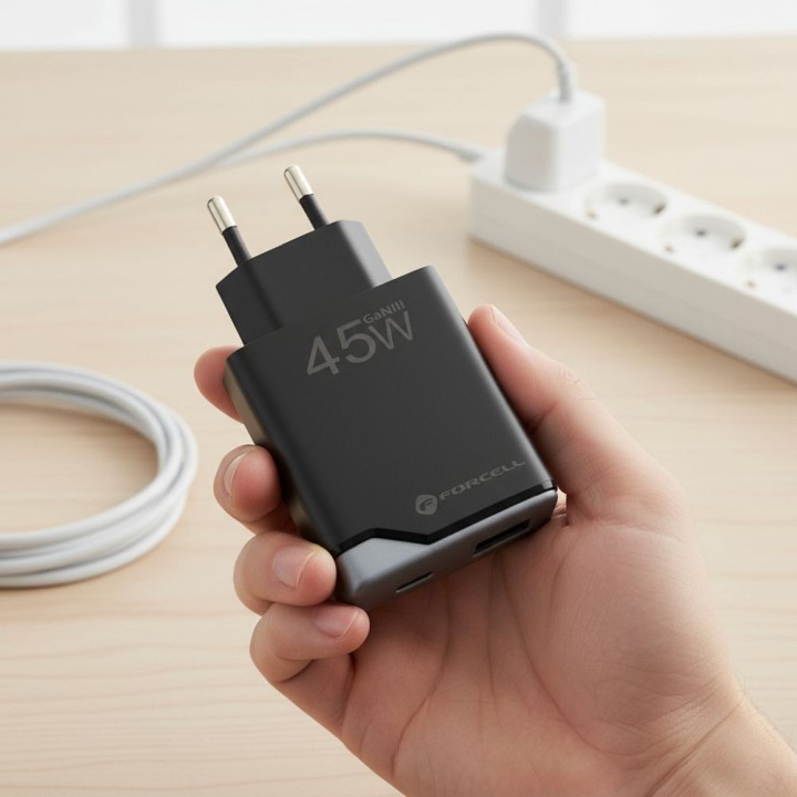 Мережевий зарядний пристрій для телефону Forcell F-Energy Ultra Slim GaN III 2 x USB C PD QC4.0 3A 45W B245201(2C) чорний