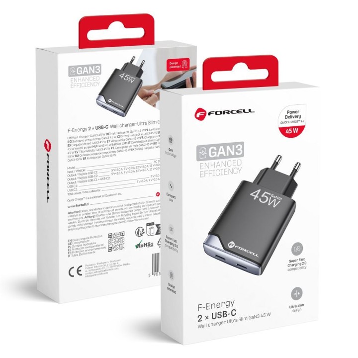Мережевий зарядний пристрій для телефону Forcell F-Energy Ultra Slim GaN III 2 x USB C PD QC4.0 3A 45W B245201(2C) чорний