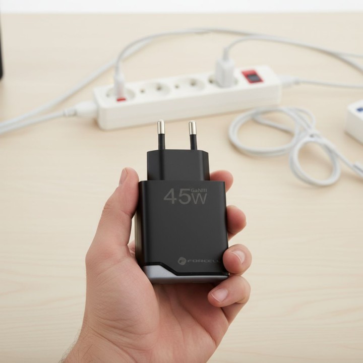 Wall charger for phone Forcell F-Energy Ultra Slim GaN III USB C + USB A PD QC4.0 3A 45W B245202(1A1C) black