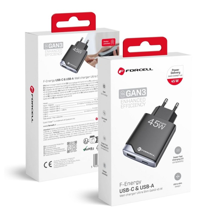 Wall charger for phone Forcell F-Energy Ultra Slim GaN III USB C + USB A PD QC4.0 3A 45W B245202(1A1C) black