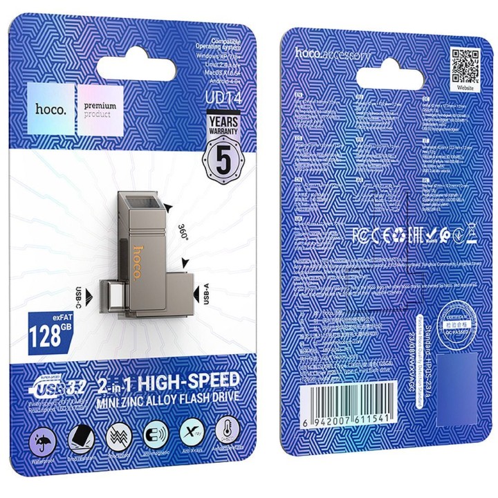 USB flash drive 64GB USB 3.2 (USB A + USB C) Hoco UD14 grey