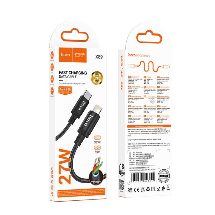 Кабель USB-C – Lightning Hoco PD 27W 2 m X89 чорний