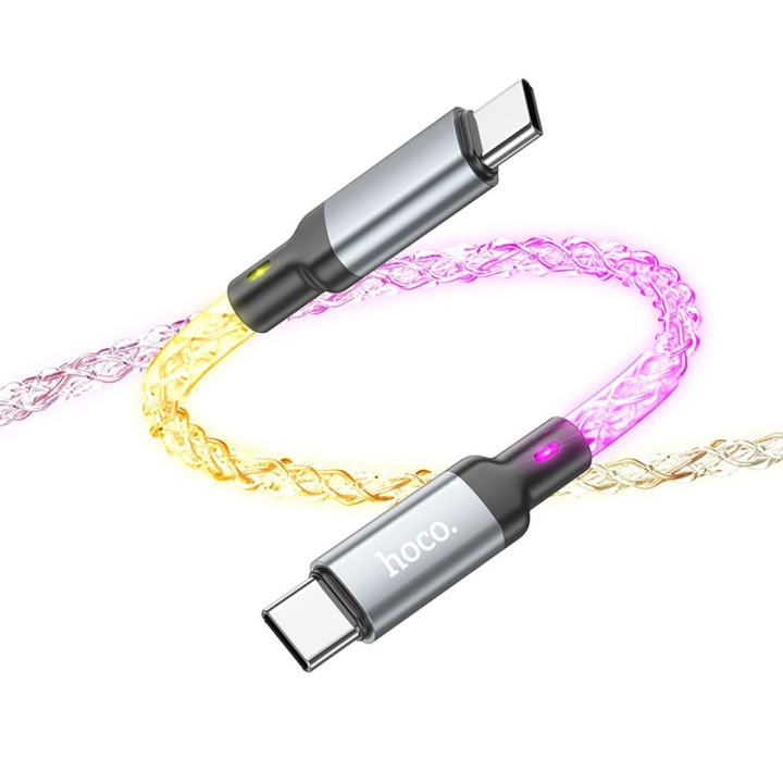Кабель USB-C – USB-C Hoco 3A 60W LED 1 m U112 серый