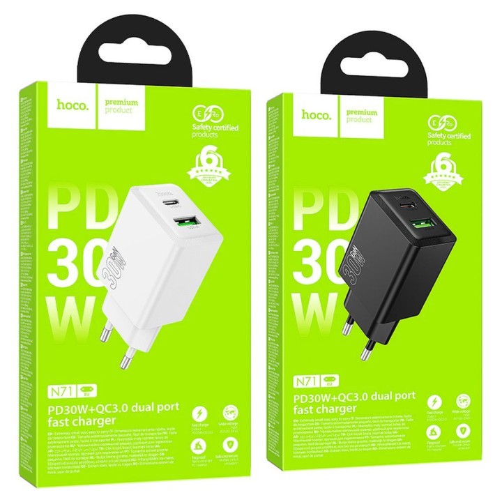 Wall charger for phone Hoco USB A + USB C QC3.0 PD AFC 3A 30W N71 black