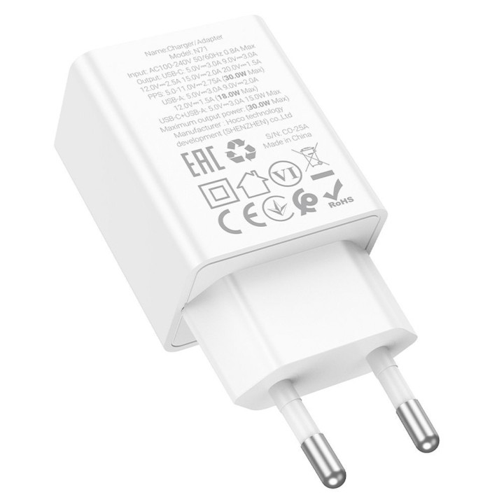 Wall charger for phone Hoco USB A + USB C QC3.0 PD AFC 3A 30W N71 white