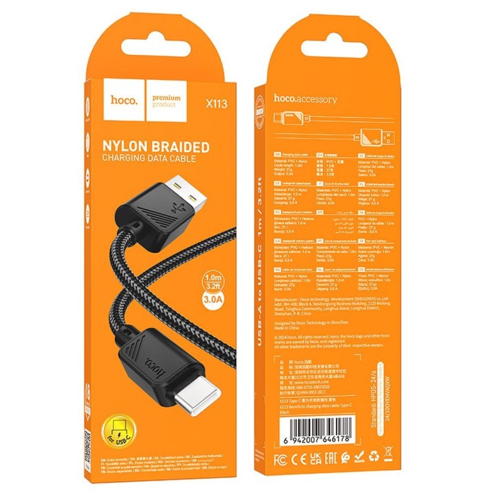 Kabel USB A do USB C Hoco 3A 1 m X113 czarny