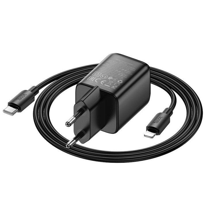 Wall charger for phone Hoco USB A + USB C QC3.0 PD 3A 20W + USB-C to Lightning cable N52 black