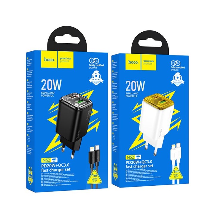 Wall charger for phone Hoco USB A + USB C QC3.0 PD 3A 20W + USB-C to Lightning cable N52 black