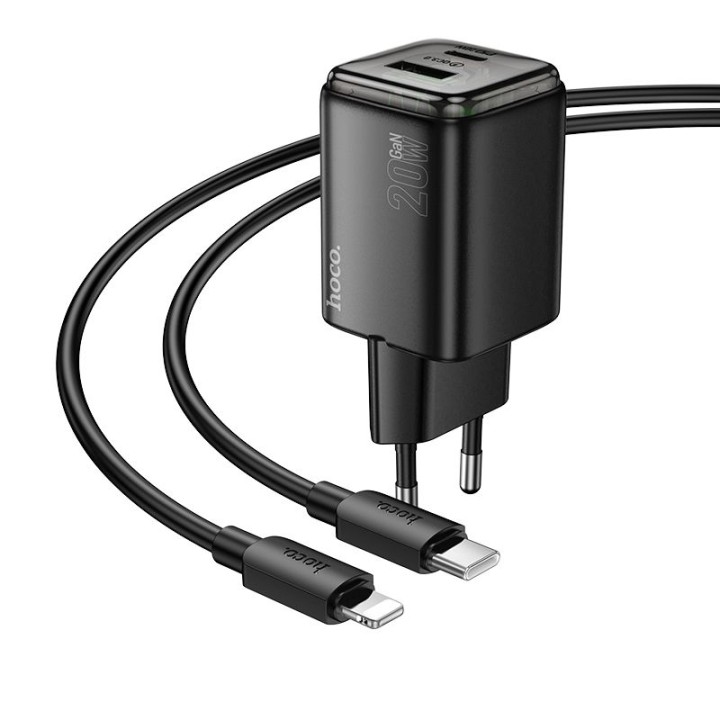 Wall charger for phone Hoco USB A + USB C QC3.0 PD 3A 20W + USB-C to Lightning cable N52 black