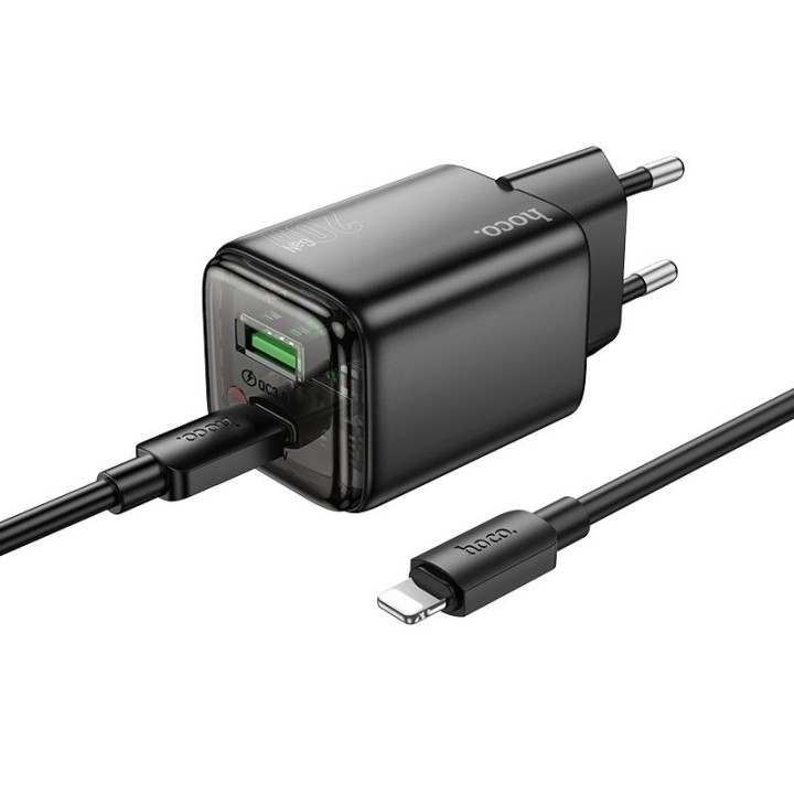 Мережевий зарядний пристрій для телефону Hoco USB A + USB C QC3.0 PD 3A 20W + кабель USB-C – Lightning N52 чорний
