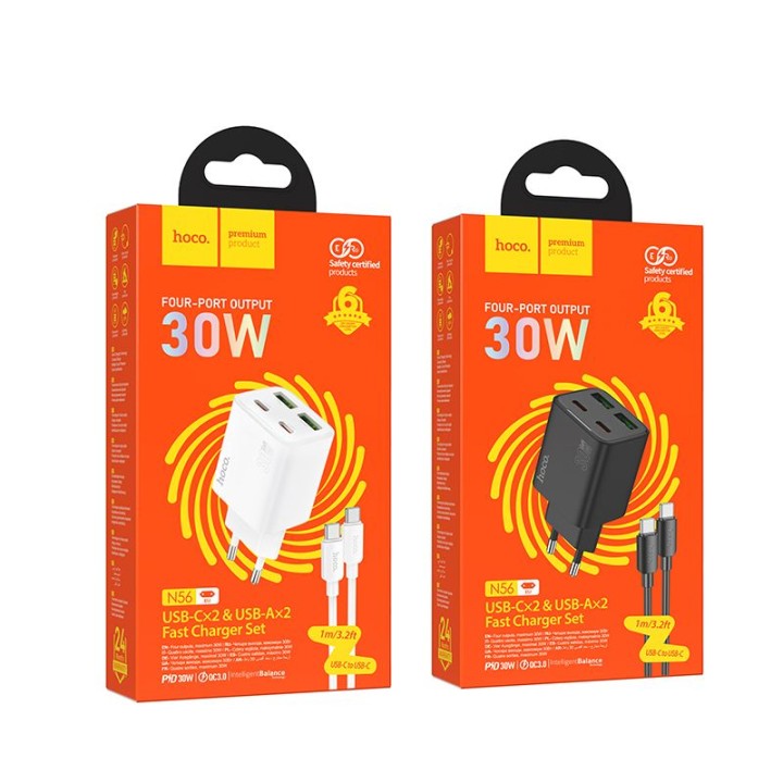 Сетевое зарядное устройство для телефона Hoco 2 x USB C + 2 x USB A QC3.0 PD 3A 30W + кабель USB-C – USB-C N56 черное