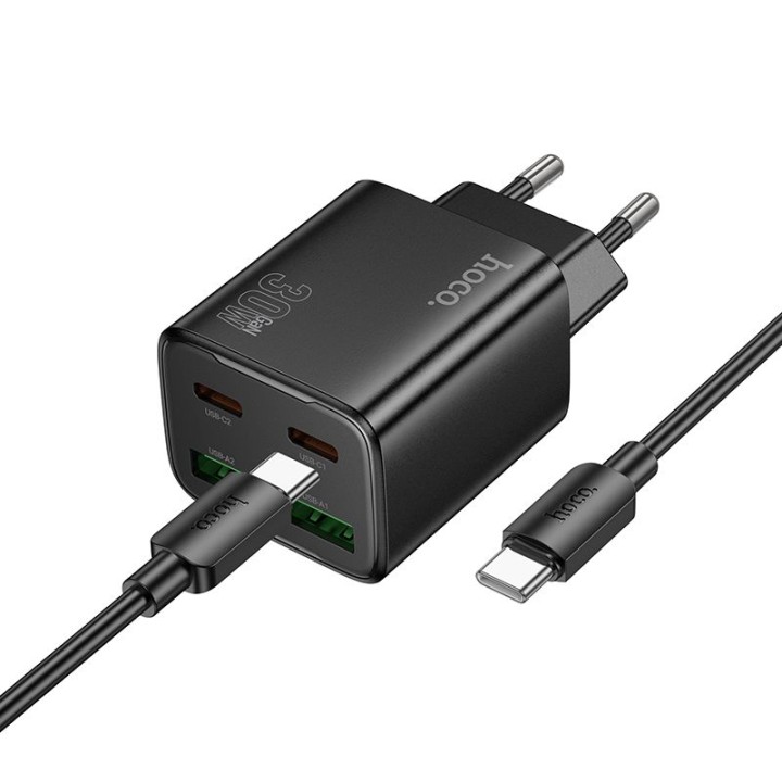 Мережевий зарядний пристрій для телефону Hoco 2 x USB C + 2 x USB A QC3.0 PD 3A 30W + кабель USB-C – USB-C N56 чорний