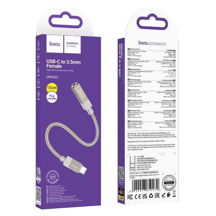 Adapter AUX USB C (male) for Jack 3,5 mm (female) Hoco UPA32C gold