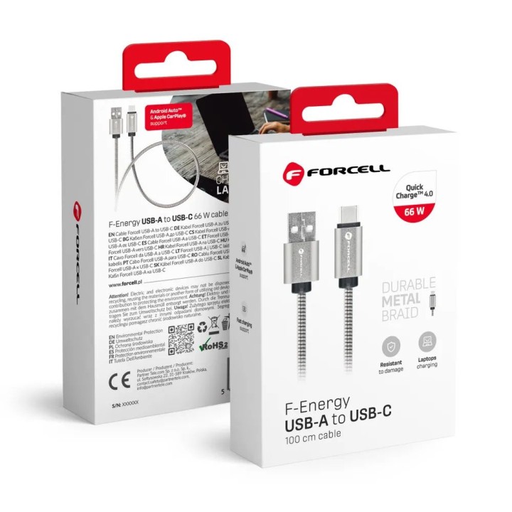 USB-A to USB-C cable Forcell F-Energy QC4.0 3A 66W Metal 1 m C234 silver