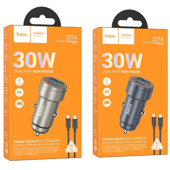Car charger Hoco USB A + USB C QC3.0 PD 30W + USB-C to USB-C cable Z57A black