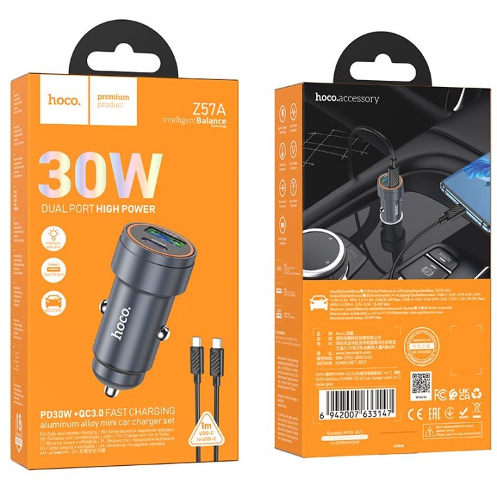 Car charger Hoco USB A + USB C QC3.0 PD 30W + USB-C to USB-C cable Z57A black