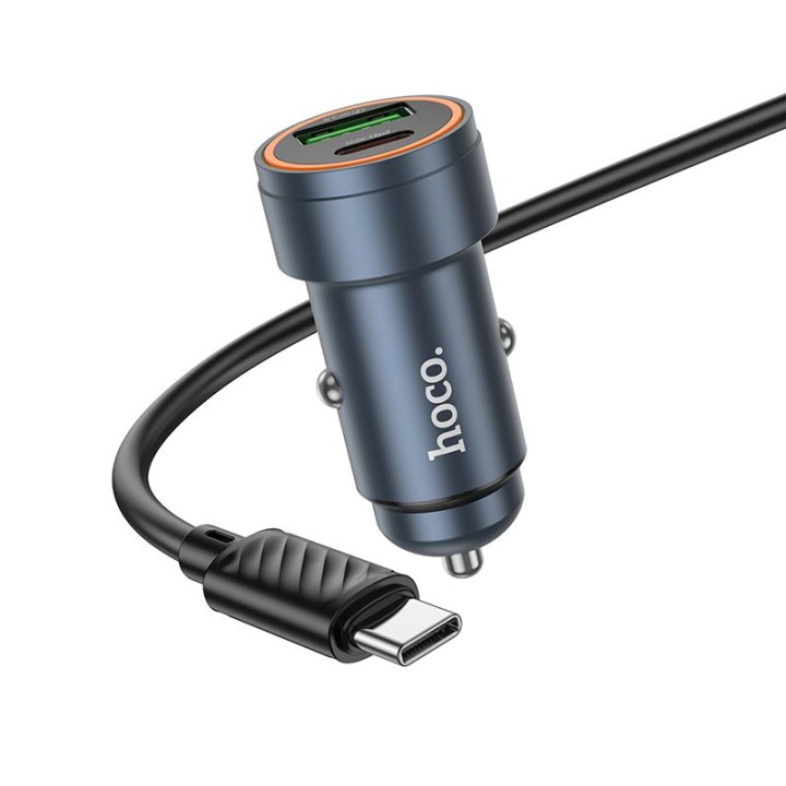 Ładowarka samochodowa Hoco USB A + USB C QC3.0 PD 30W + kabel USB C do USB C Z57A czarna