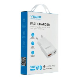 Сетевое зарядное устройство для телефона VEGER USB A + USB C QC PD 30W 30W1A1C белое