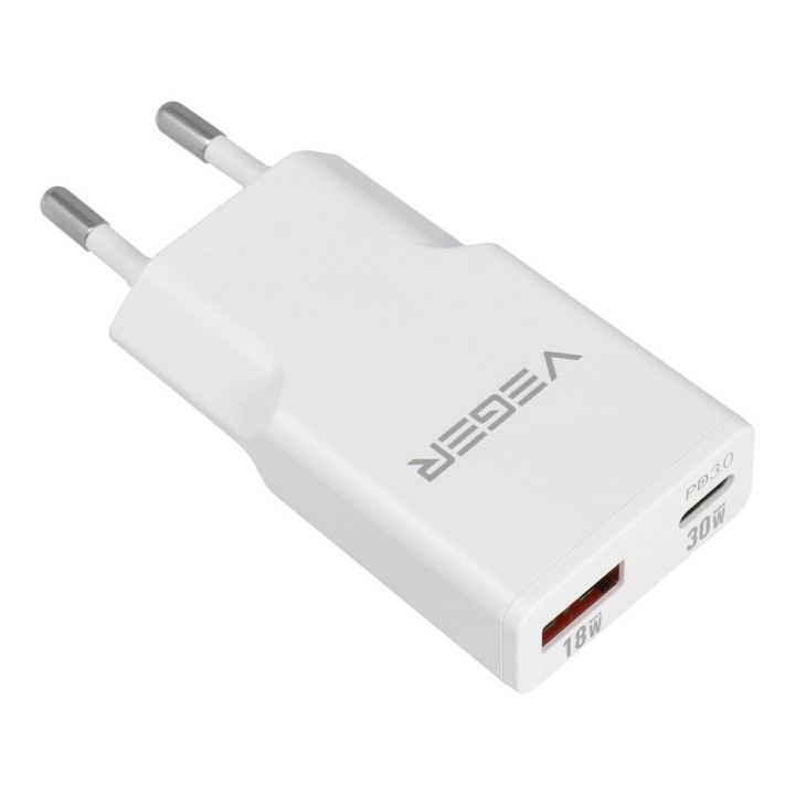 Wall charger for phone VEGER USB A + USB C QC PD 30W 30W1A1C white