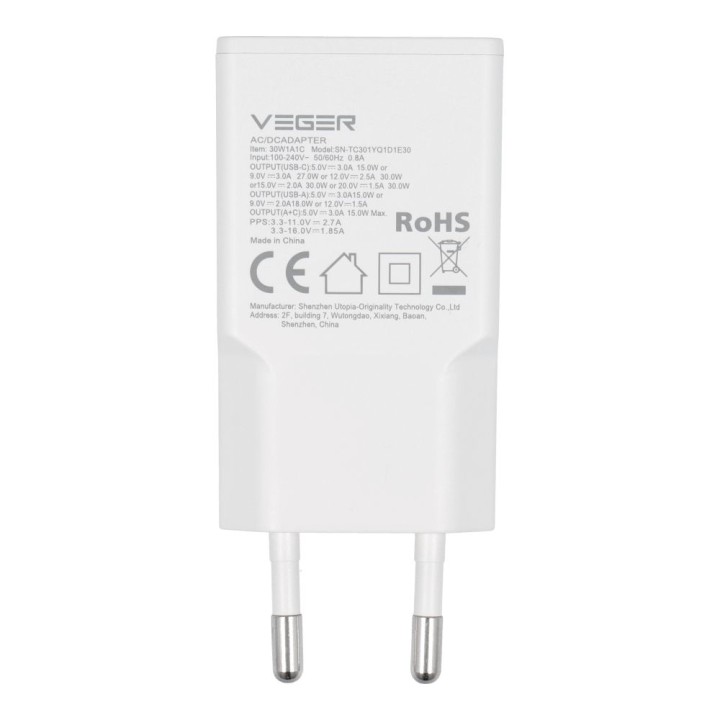 Wall charger for phone VEGER USB A + USB C QC PD 30W 30W1A1C white