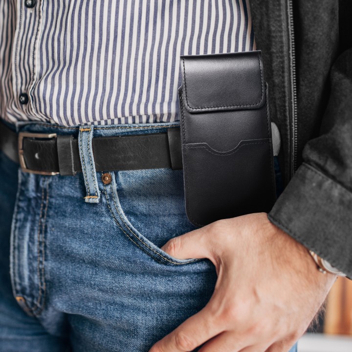 Leather slip-in phone pouch with flap for iPhone 6 PLUS / Samsung A52 / Xiaomi Redmi NOTE 10 Royal size 2XL black