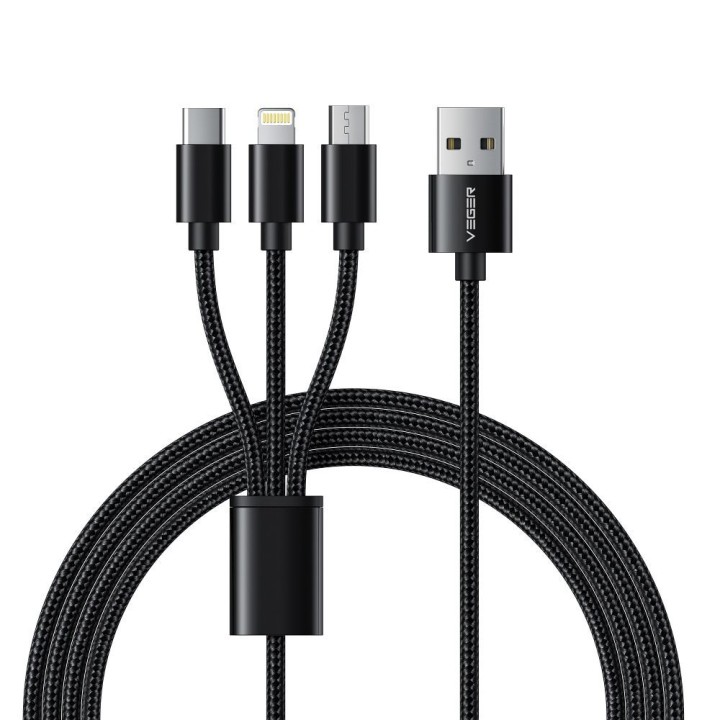 Кабель 3 в 1 USB A — Lightning / тип C / Micro USB VEGER 2,4A 18W V303 1,5 m черный
