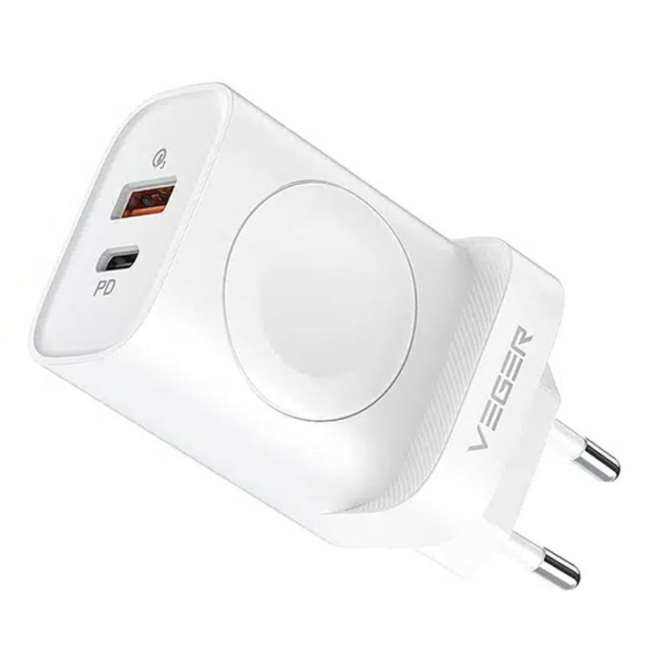 Wall charger for phone VEGER USB A + Type C + wireless charger compatible with Apple Watch PD QC3.0 3A 25W W002E white