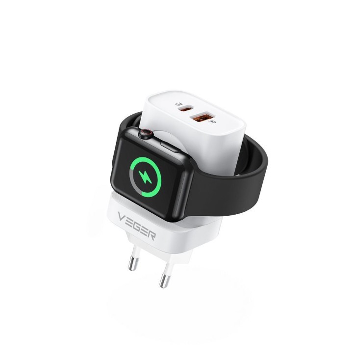 Мережевий зарядний пристрій для телефона VEGER USB A + тип C + бездротовий зарядний пристрій, сумісний з Apple Watch PD QC3.0 3A