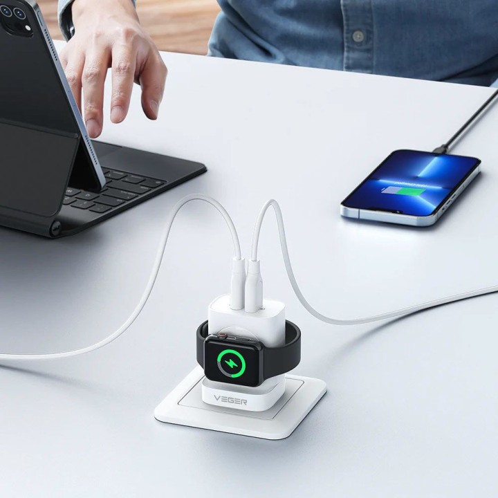 Wall charger for phone VEGER USB A + Type C + wireless charger compatible with Apple Watch PD QC3.0 3A 25W W002E white