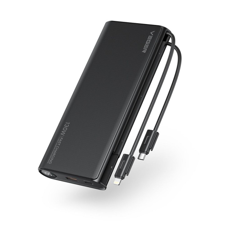Powerbank Veger TCE130 (W2503) PD 130W 25000 mAh z wbudowanymi kablami Typ C / Lightning czarny 0INT