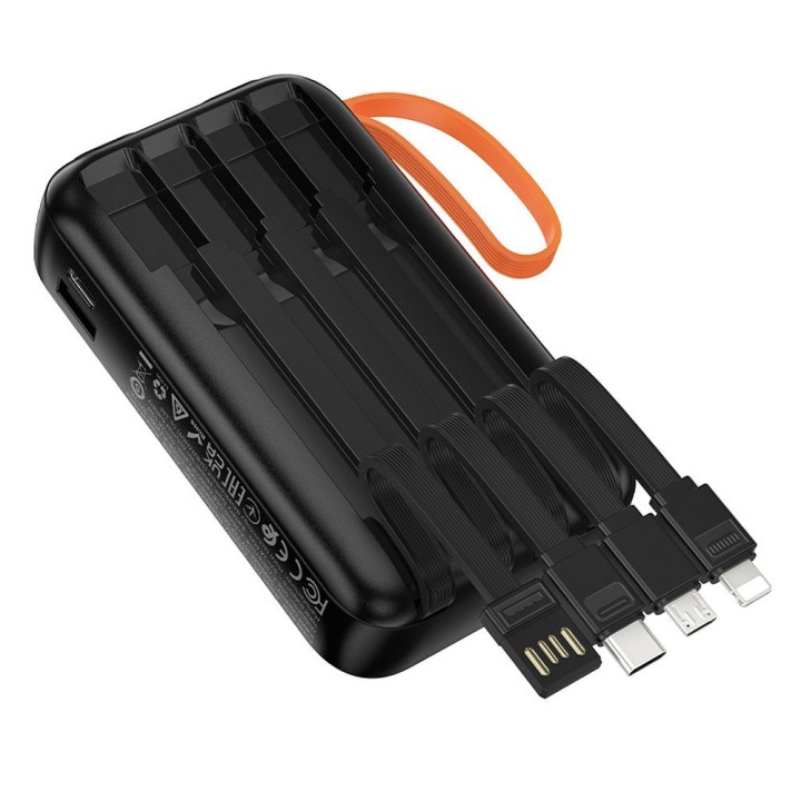 Power bank Hoco 10000 mAh 2A with built-in cables USB A + USB C + Lightning + Micro USB and dual flashlight J151 black