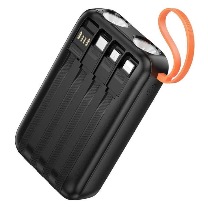 Power bank Hoco 10000 mAh 2A with built-in cables USB A + USB C + Lightning + Micro USB and dual flashlight J151 black