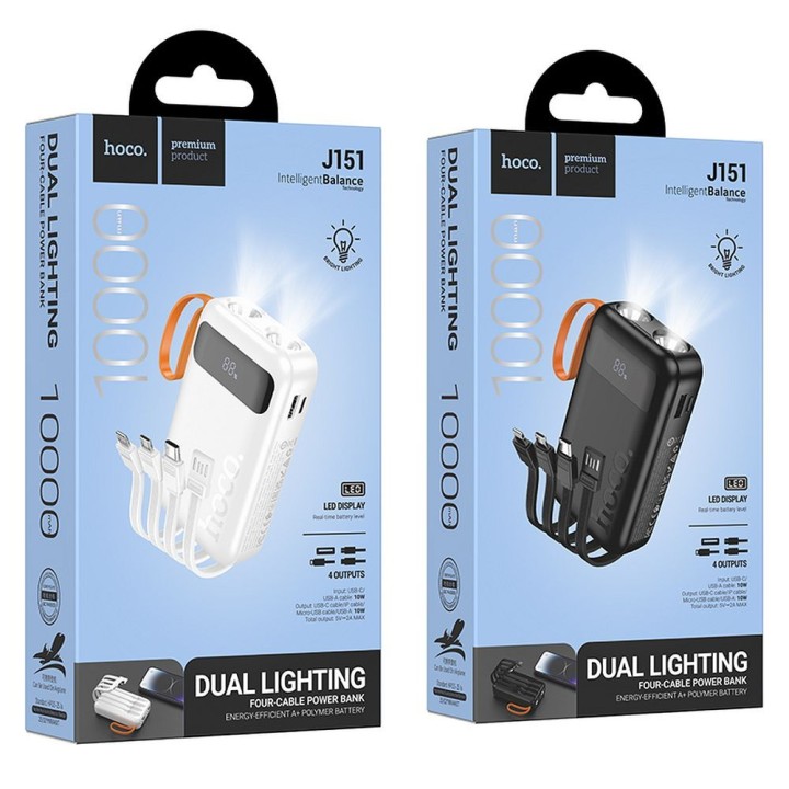 Powerbank Hoco 10000 mAh 2A z wbudowanymi kablami USB A + USB C + Lightning + Micro USB oraz podwójną latarką J151 czarny