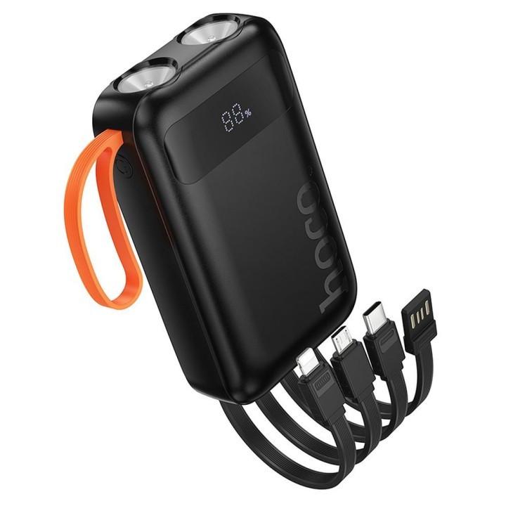 Повербанк Hoco 10000 mAh 2A со встроенными кабелями USB A + USB C + Lightning + Micro USB и двойным фонариком J151 черный