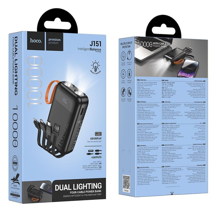 Power bank Hoco 10000 mAh 2A with built-in cables USB A + USB C + Lightning + Micro USB and dual flashlight J151 black