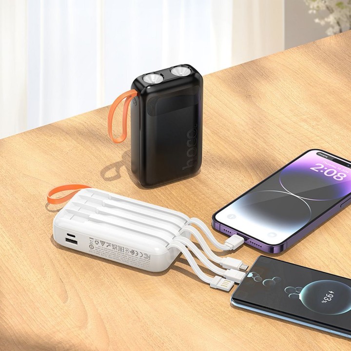 Power bank Hoco 10000 mAh 2A with built-in cables USB A + USB C + Lightning + Micro USB and dual flashlight J151 black