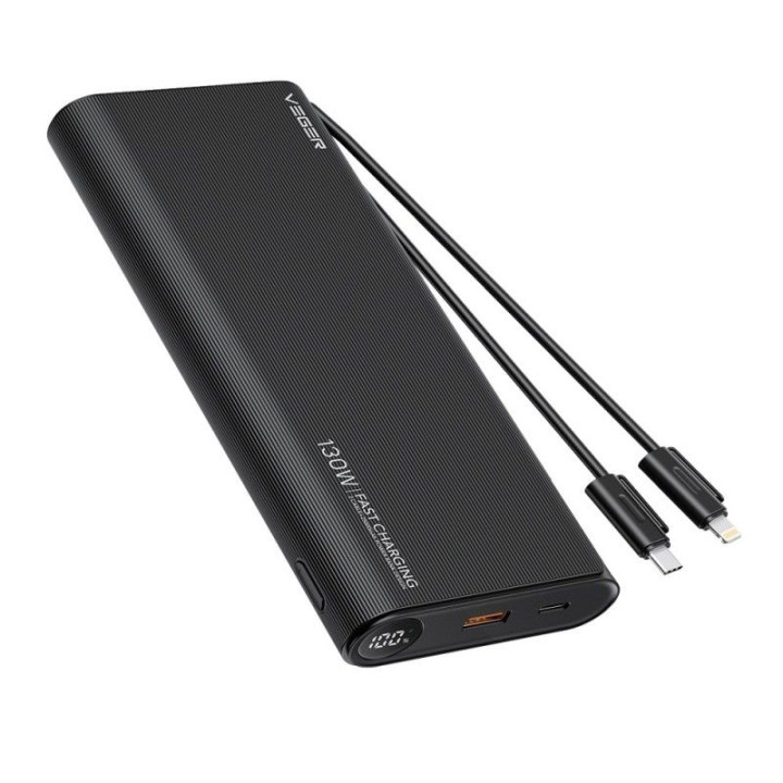 Повербанк Veger TCE130 (W2503) PD 130W 25000 mAh з вбудованими кабелями Тип C / Lightning чорний 0INT