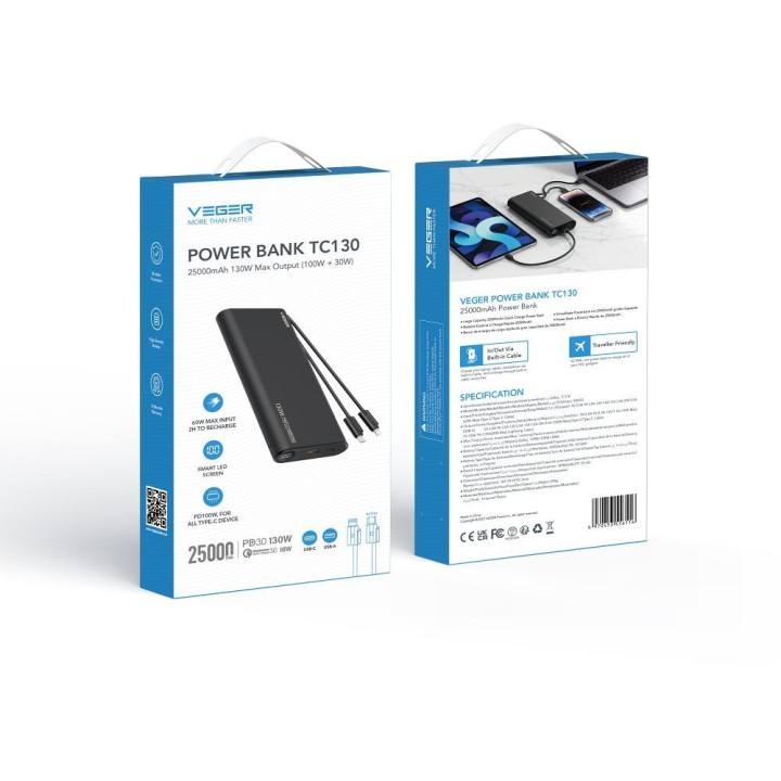 Power bank Veger TCE130 (W2503) PD 130W 25000 mAh with built-in cables Type C / Lightning black 0INT