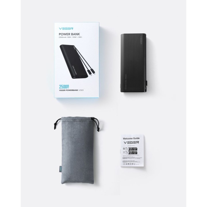 Повербанк Veger TCE130 (W2503) PD 130W 25000 mAh со встроенными кабелями тип C / Lightning черный 0INT