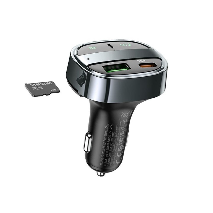 Car charger Hoco USB A + USB C PD QC3.0 5A 30W with display + transmitter FM BT E70 black