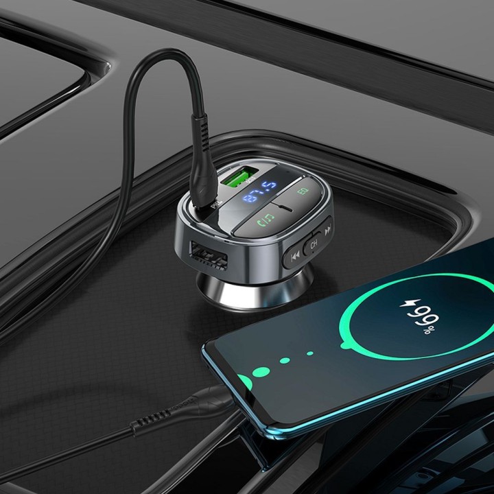 Автомобільний зарядний пристрій Hoco USB A + USB C PD QC3.0 5A 30W з дисплеєм + трансмітер FM BT E70, чорний