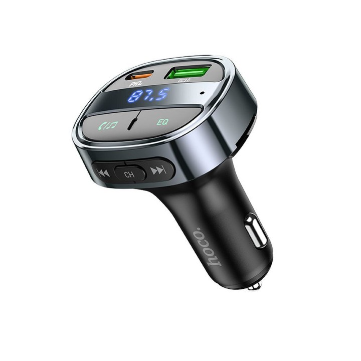 Автомобільний зарядний пристрій Hoco USB A + USB C PD QC3.0 5A 30W з дисплеєм + трансмітер FM BT E70, чорний