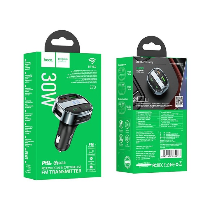 Car charger Hoco USB A + USB C PD QC3.0 5A 30W with display + transmitter FM BT E70 black