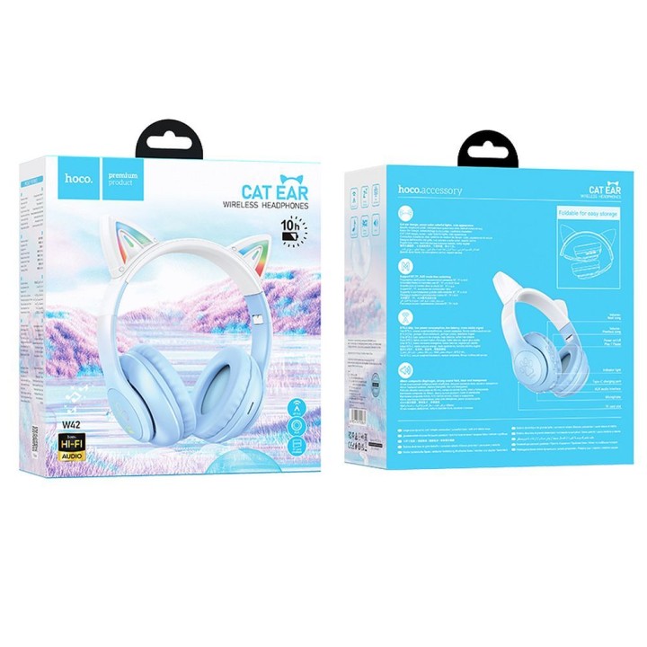 Wireless on-ear headphones Hoco W42 cat ears crystal blue
