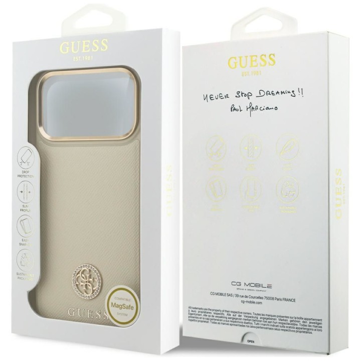 GUESS case for IPHONE 17 Pro Max compatible with MagSafe GUHMP17XPGCRMDEE (PU W/ Grained Strass Logo) beige